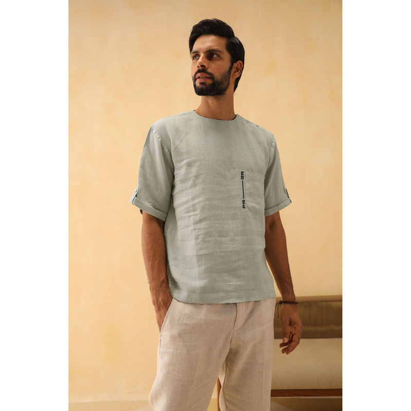 PRIMAL GRAY Ice Blue Organic Linen Side Neck Button Shirt (M)
