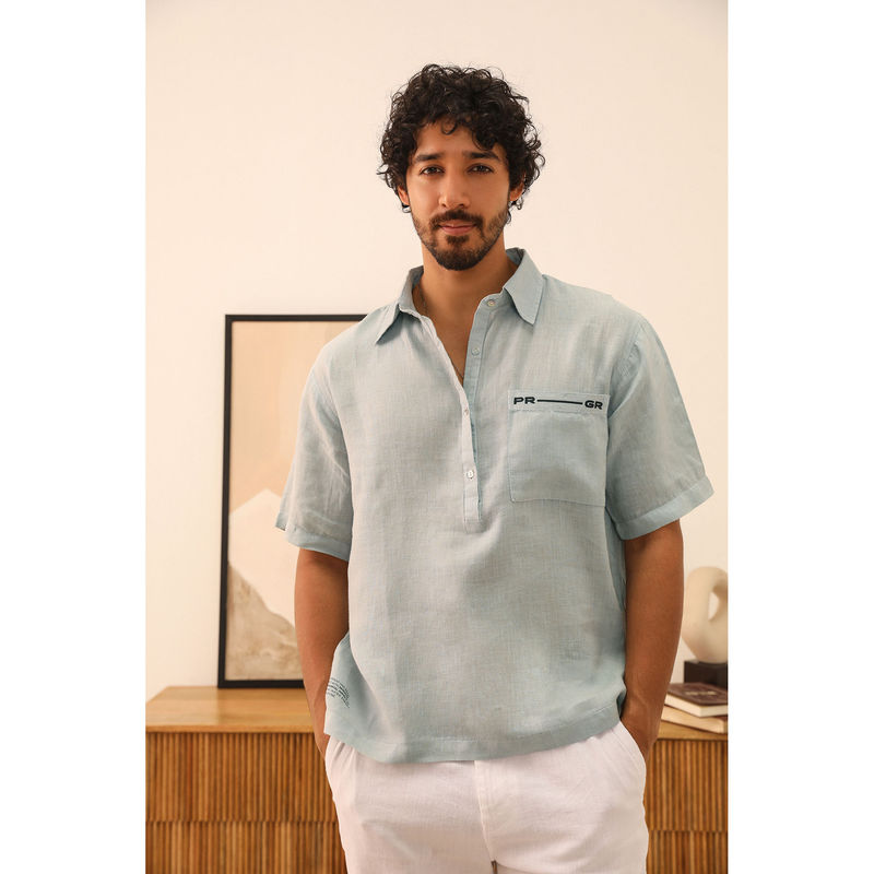 PRIMAL GRAY Ice Blue Organic Linen Oversize Kimono Polo Shirt (M)