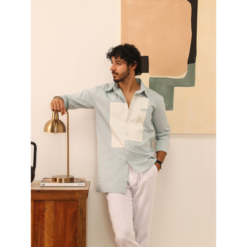 PRIMAL GRAY Ice Blue Organic Cotton Patch Work Shirt (S)