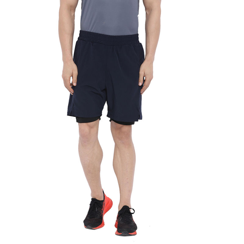 CHKOKKO Navy Blue Men Double Layer Gym Shorts (2XL)