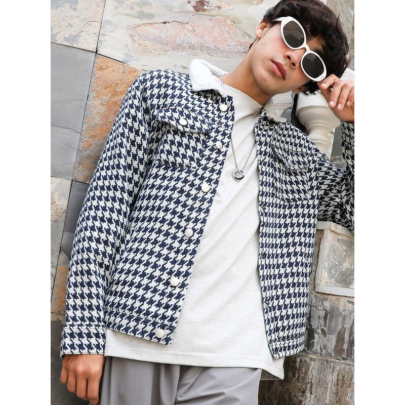 Campus Sutra Men Navy Blue & Moon Grey Fleece Houndstooth Denim Jacket (M)