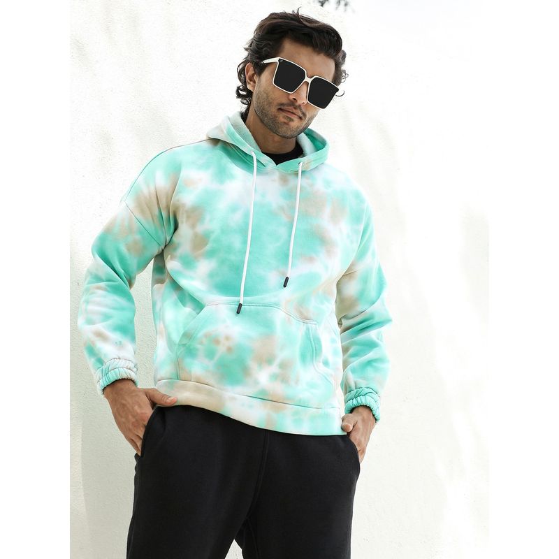 Campus Sutra Men White & Mint Green Tie-Dye Oversized Hoodie With Kangaroo Pocket (M)