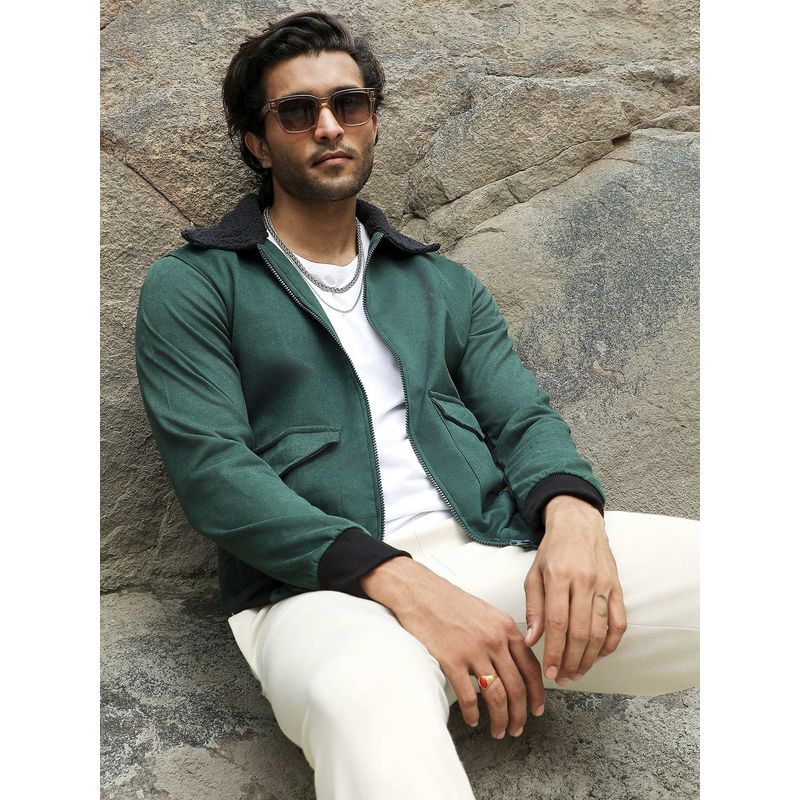 Campus Sutra Men Emerald Green Zip-Front Jacket With Fleece Collar (S)