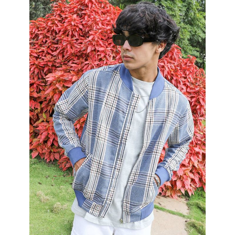 Campus Sutra Men Icy Blue Tartan Plaid Jacket With Ribbed Hem (L)