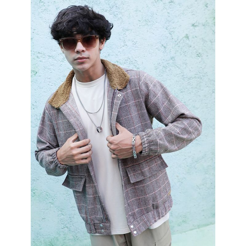 Campus Sutra Men Brown Tartan Plaid Jacket With Fleece Collar (S)