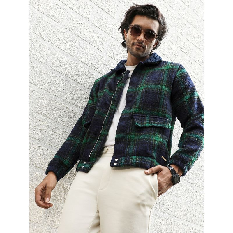 Campus Sutra Men Navy Blue & Green Tartan Plaid Jacket With Fleece Collar (M)