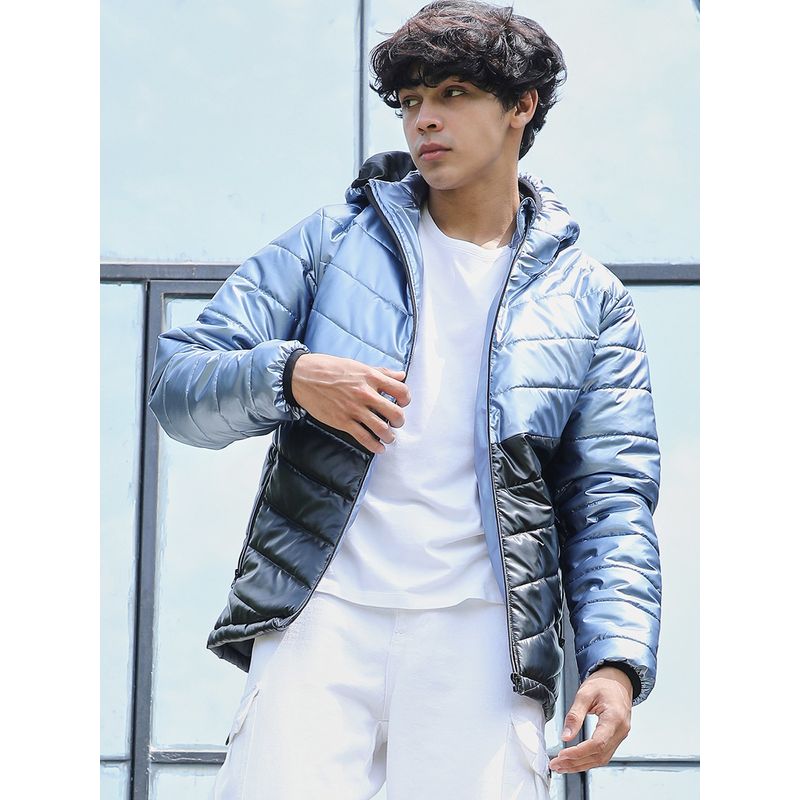 Campus Sutra Men Electric Blue & Carbon Black Metallic Quilted Puffer Jacket (L)