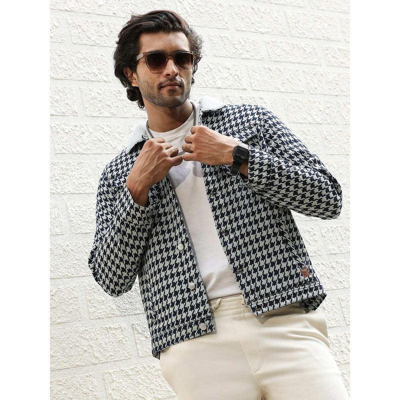 Campus Sutra Men Navy Blue & Moon Grey Fleece Houndstooth Denim Jacket (L)