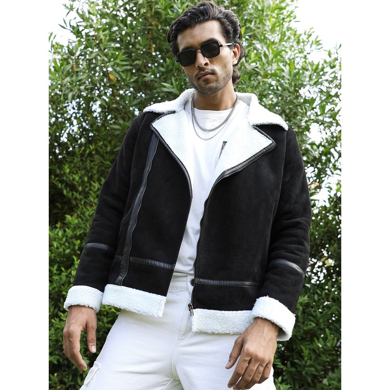 Campus Sutra Men Carbon Black & Chalk White Fleece Lined Biker Jacket (M)