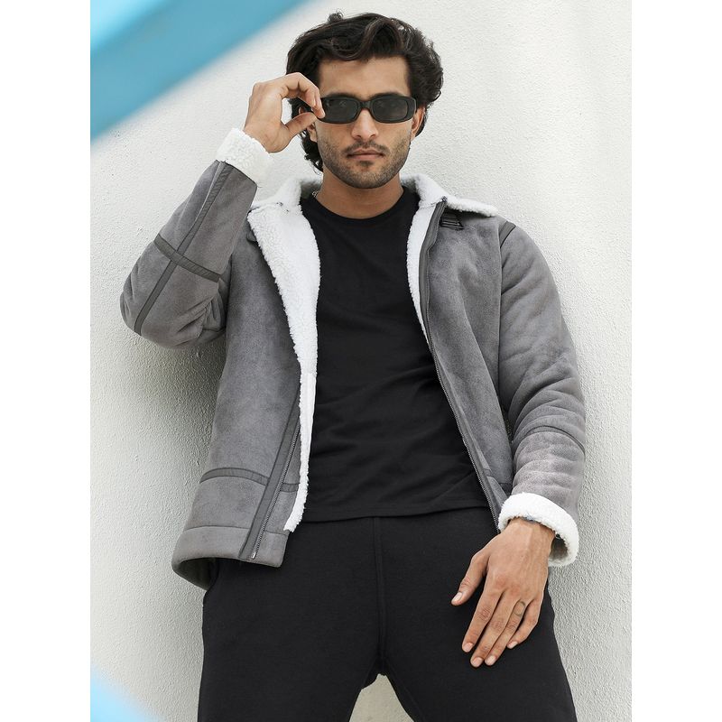 Campus Sutra Men Moon Grey & Chalk White Fleece Lined Biker Jacket (L)