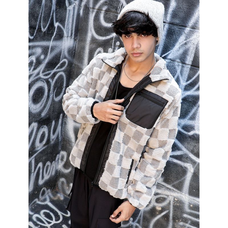 Campus Sutra Men Moon Grey Fleece Buffalo Check Puffer Jacket (M)