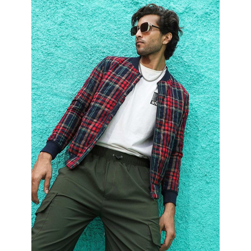 Campus Sutra Men Crimson Red Tartan Plaid Bomber Jacket (L)