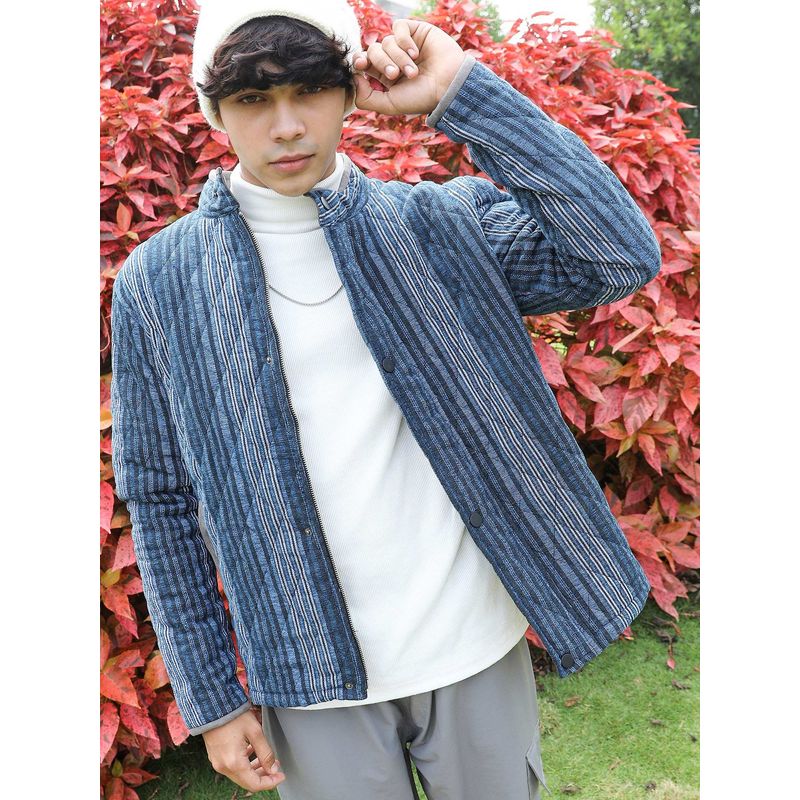 Campus Sutra Men Black & Prussian Blue Striped Quilted Bomber Jacket (S)