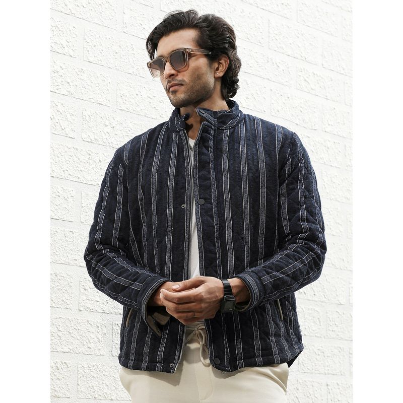 Campus Sutra Men Navy Blue Fleece Block Denim Jacket (M)