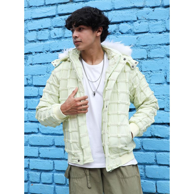 Campus Sutra Men Pale Yellow Self-Design Puffer Jacket With Fleece Hood (M)