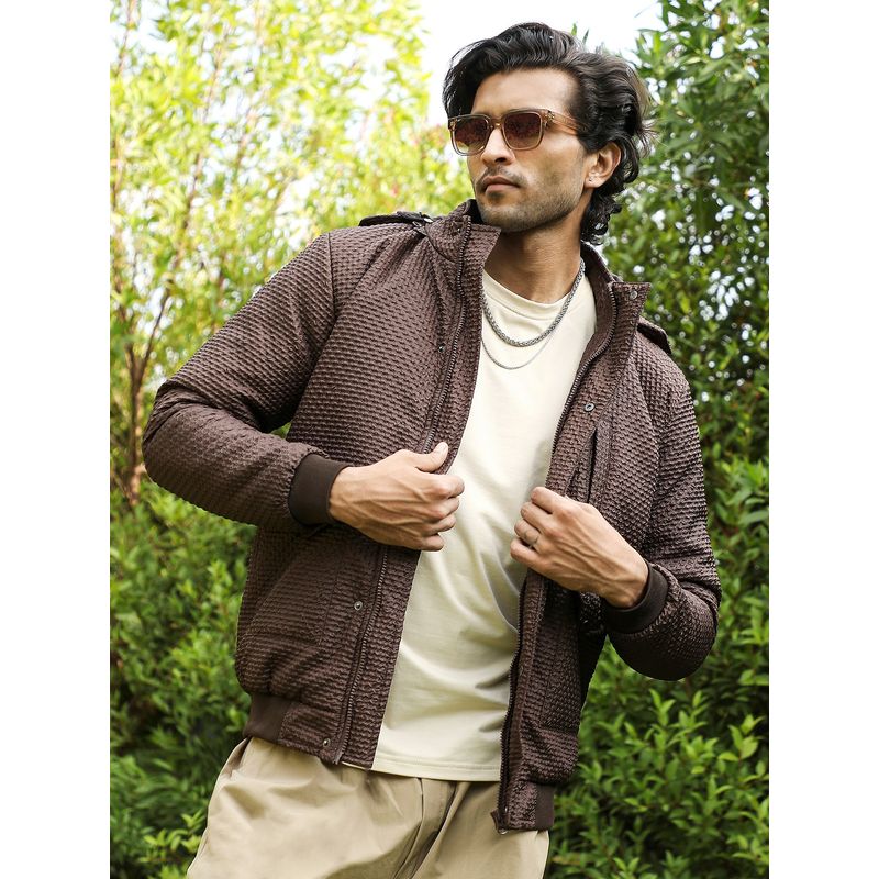 Campus Sutra Men Chocolate Brown Self-Design Diamond Puffer Jacket With Fleece Hood (L)