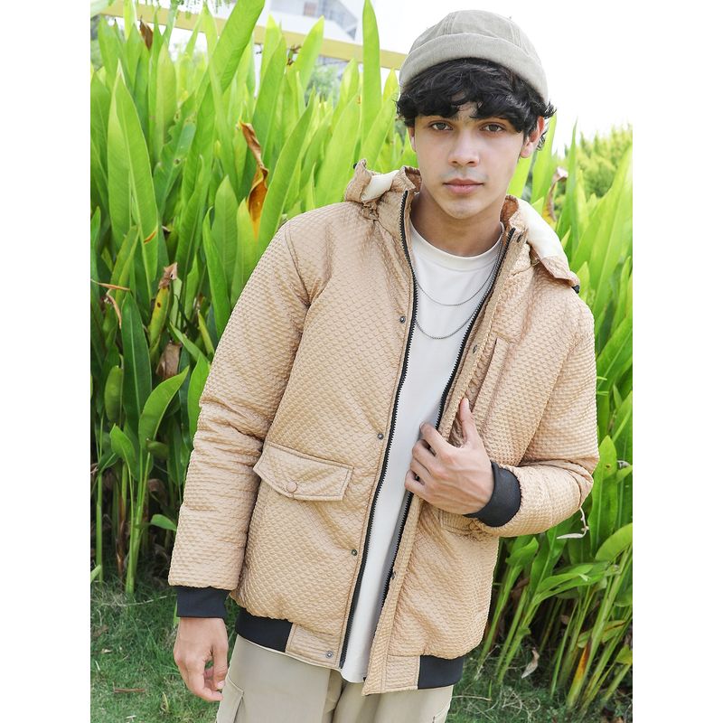 Campus Sutra Men Beige Self-Design Diamond Puffer Jacket With Fleece Hood (XL)