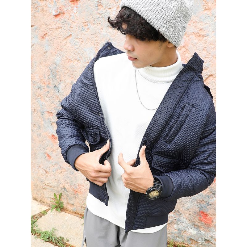 Campus Sutra Men Navy Blue Self-Design Diamond Puffer Jacket With Fleece Hood (S)