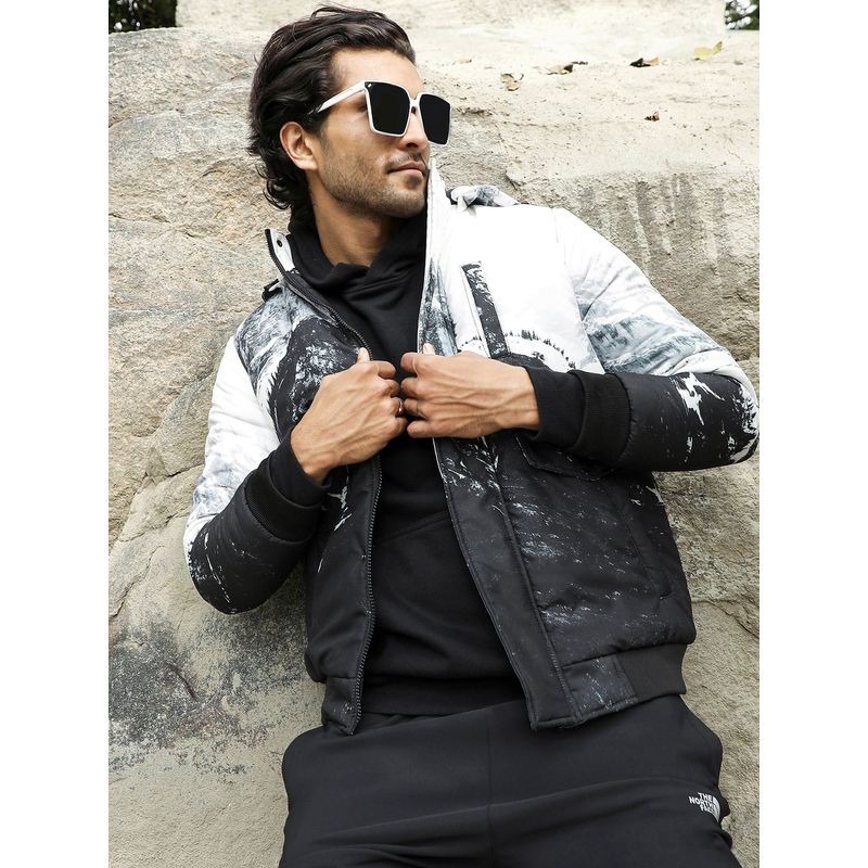 CAHOOT Men Charcoal Black & Light Grey Snowcaps Zip-Front Puffer Jacket (L)