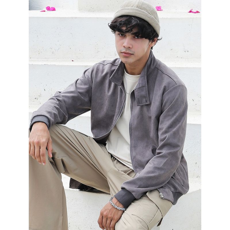 Campus Sutra Men Grey Zip-Front Jacket With Ribbed Hem (L)