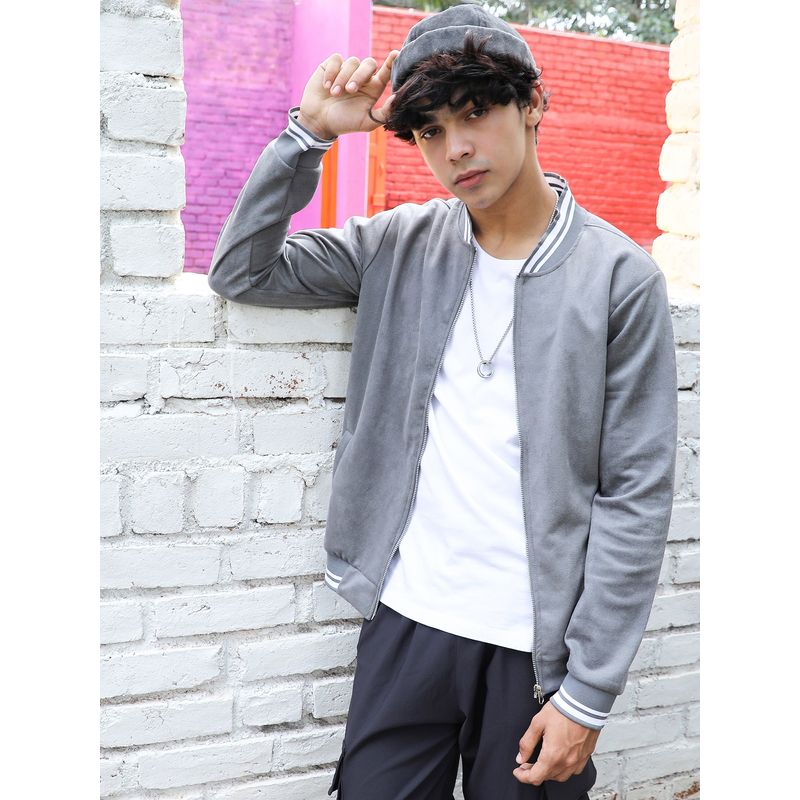 Campus Sutra Men Moon Grey Zip-Front Baseball Jacket (M)
