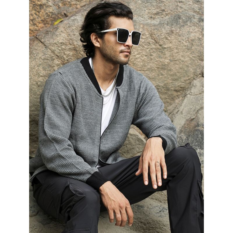 CAHOOT Men Dark Grey Zip-Front Knitted Jacket (S)