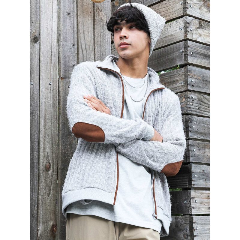 Campus Sutra Men Light Grey Self-Design Striped Knitted Jacket (XL)