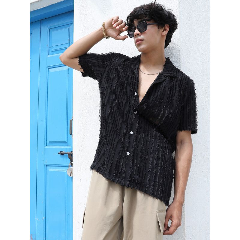 Campus Sutra Men Jet Black Fleece Striped Shirt (L)