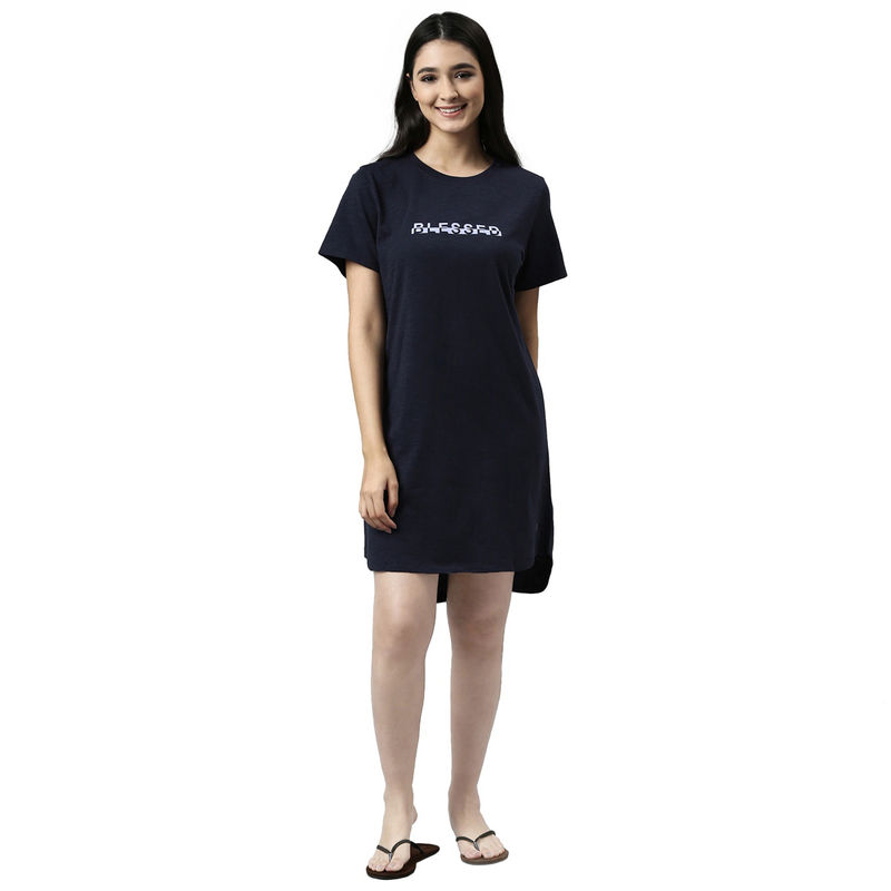 Enamor Essentials Womens E802- Cotton Short Sleeve Round Neck Mini Lounge Dress-Navy (M)