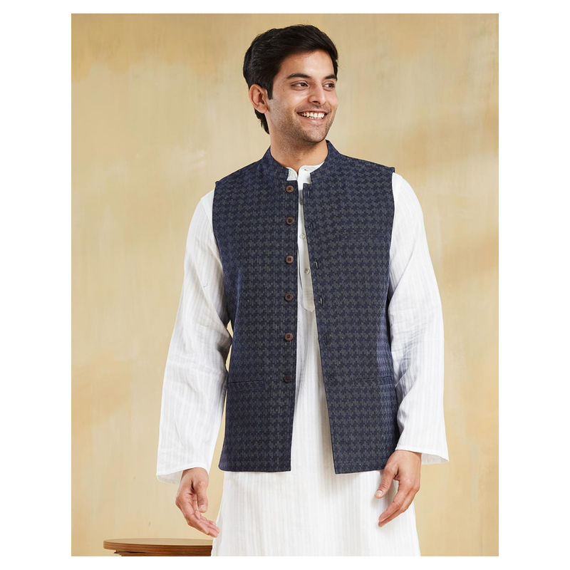 Fabindia Navy Blue Cotton Dobby Nehru Jacket (XS)
