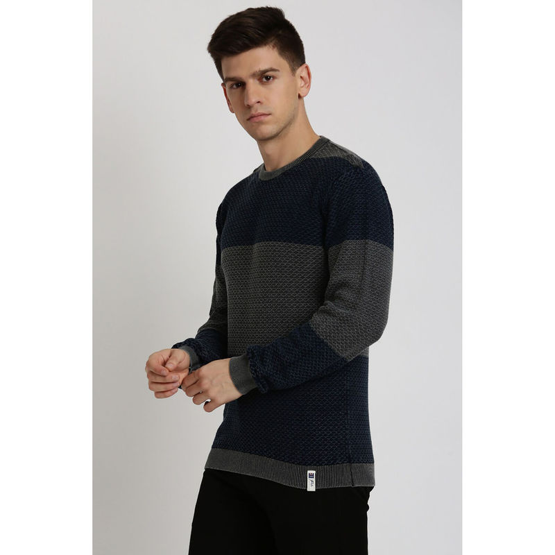Peter England Men Black Geometric Round Crew Neck Sweater (M)