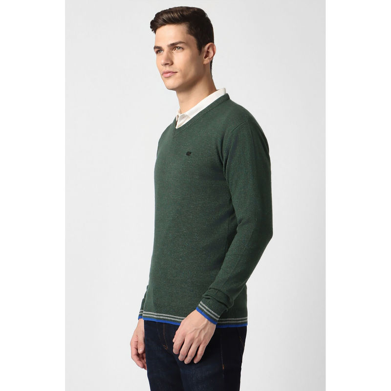 Peter England Men Green Solid V Neck Sweater (S)