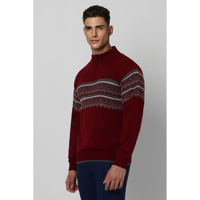 Peter England Men Maroon Geometric Stylized Neck Sweater (M)