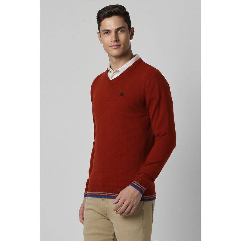 Peter England Men Red Solid V Neck Sweater (S)