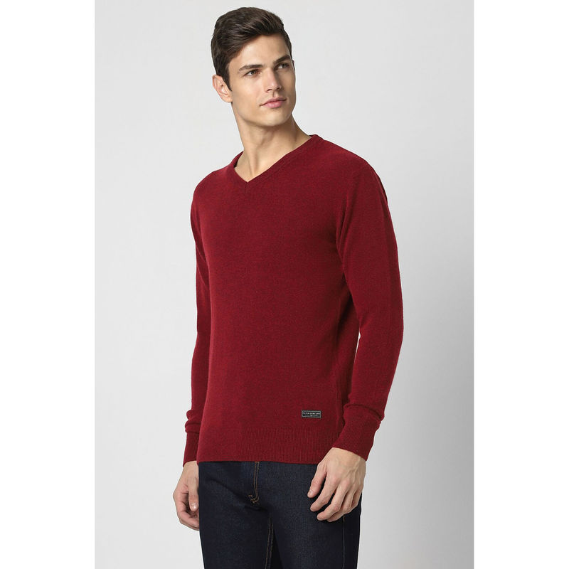Peter England Men Maroon Solid V Neck Sweater (L)