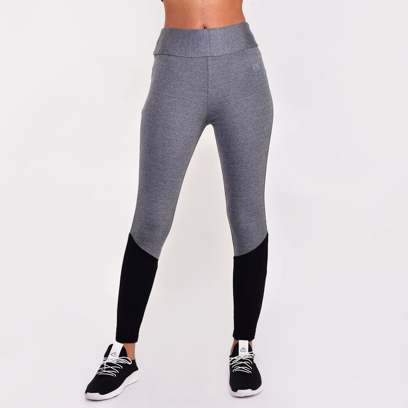 Muscle Torque Women Gym/Yoga Tight - Grey Melange With Solid Black (XL)