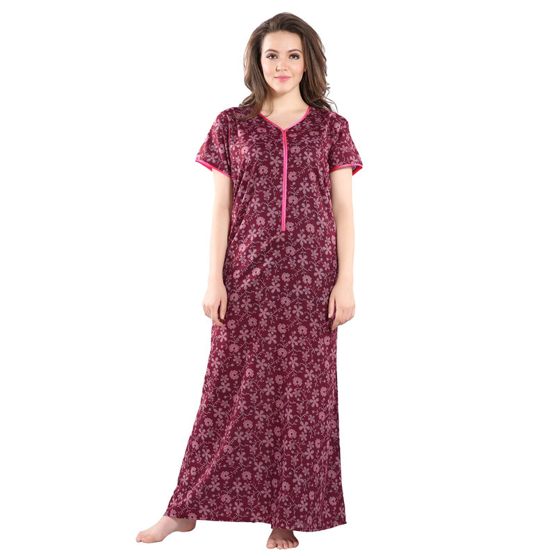 Buy PIU Floral Printed Long Zipper Nighty Pink Online