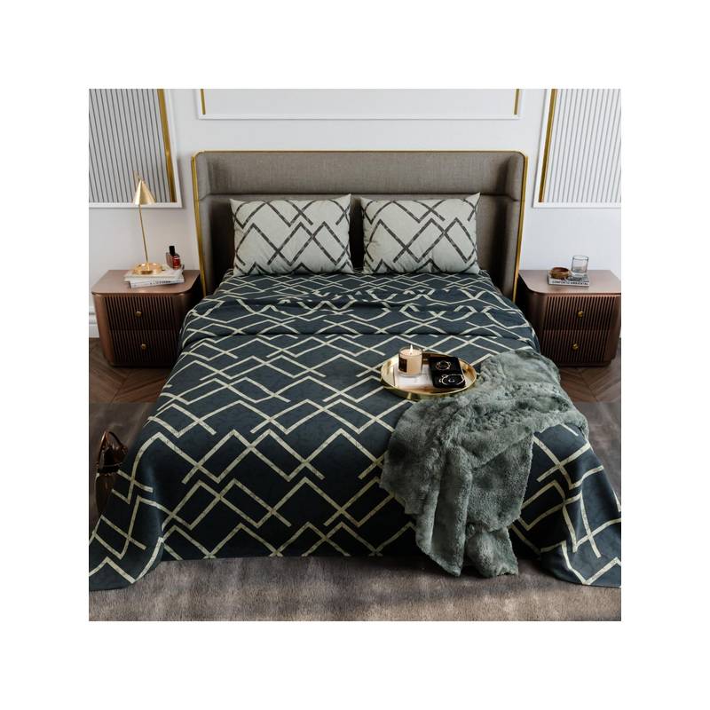Stoa Paris Urbanscape Navy Blue Lattice Cotton 180TC Bedsheet with 2 Pillow Covers (King)