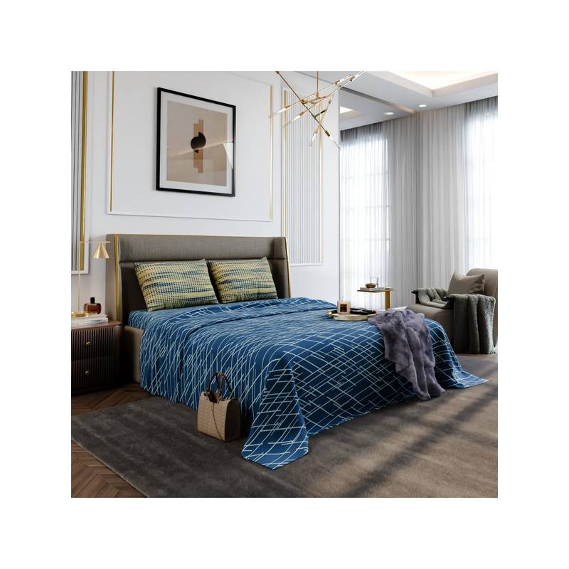 Stoa Paris Urbanscape Cerulean Beams Blue Cotton 180TC Bedsheet with 2 Pillow Covers (King)