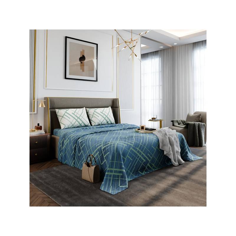 Stoa Paris Urbanscape Mosaic Blue Canopy Cotton 180TC Bedsheet with 2 Pillow Covers (King)
