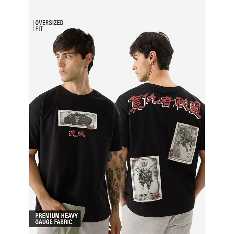 The Souled Store Black Graphic Marvel Comic Cards Oversized T-Shirt (XL)