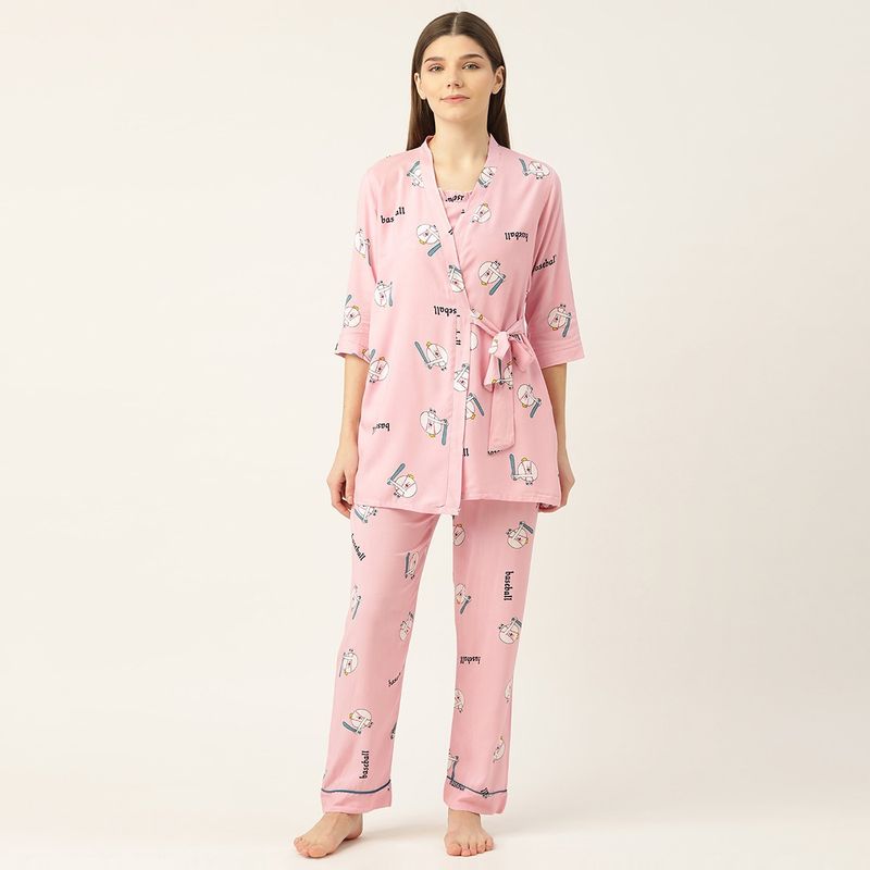 Sweet Dreams Women Rayon Printed 3 Pcs Nightsuit - Pink (Set of 3) (XL)