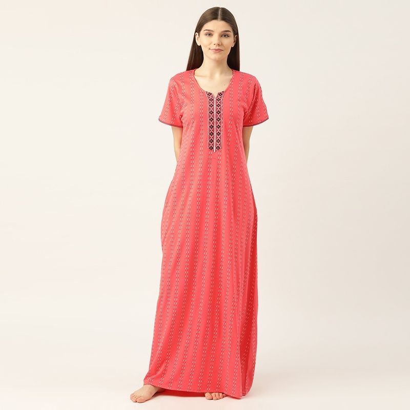Sweet Dreams Women Cotton Striped Maxi Nightdress - Pink (L)