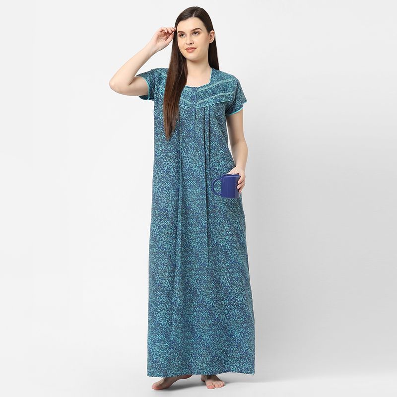 Sweet Dreams Women Cotton Blend Printed Maxi Nightdress - Blue (2XL)