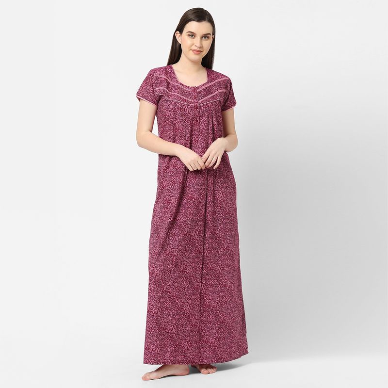 Sweet Dreams Women Cotton Blend Printed Maxi Nightdress - Pink (XL)