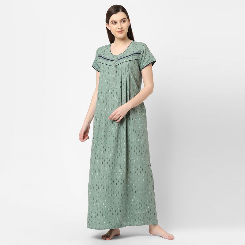 Sweet Dreams Women Cotton Blend Printed Maxi Nightdress - Green (L)