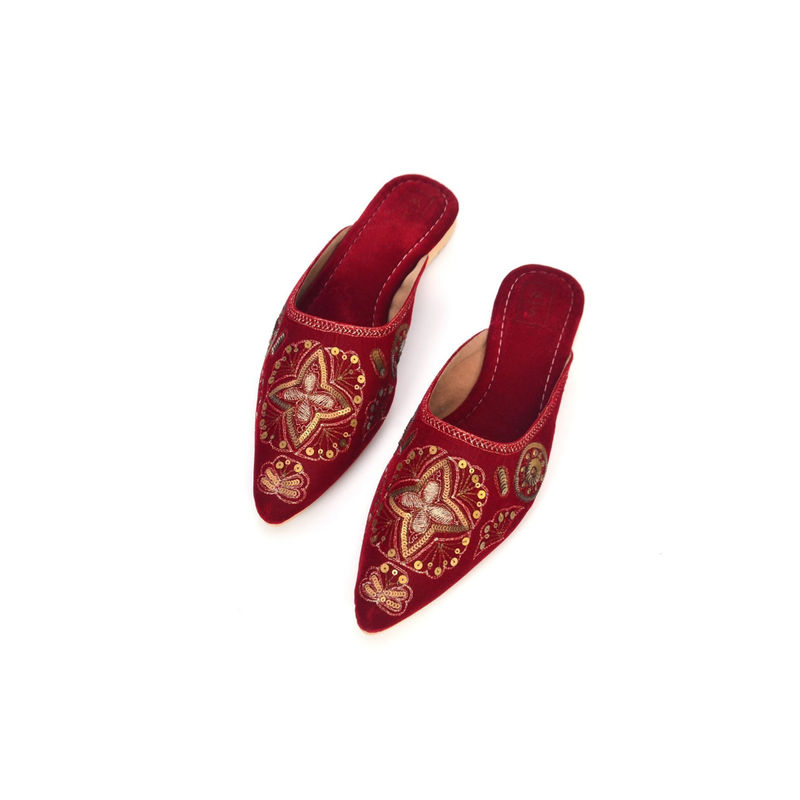 SANDALWALI Juliette Embroidered Red And Gold Velvet Flat Mules (Euro 37) (EURO 37)