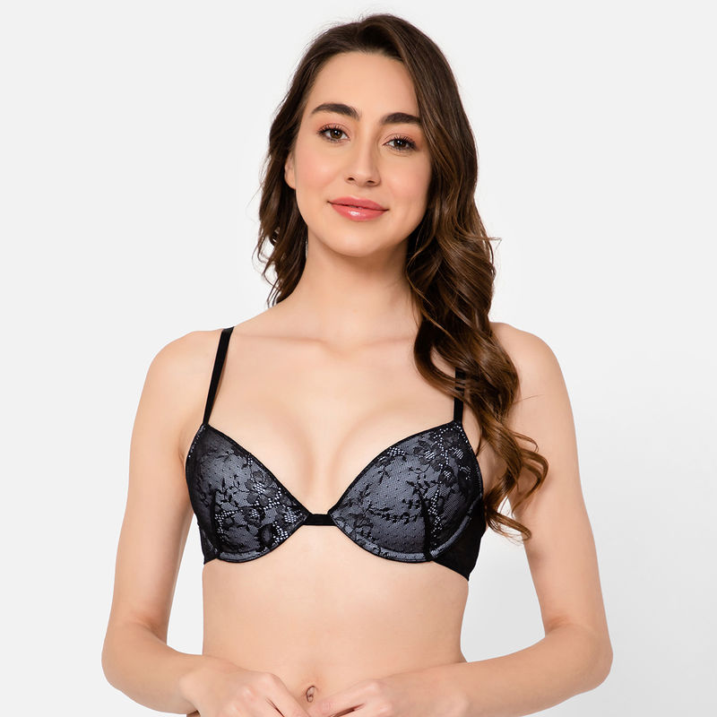 Clovia Lace Solid Padded Demi Cup Underwired T-shirt Bra - Black (34D)