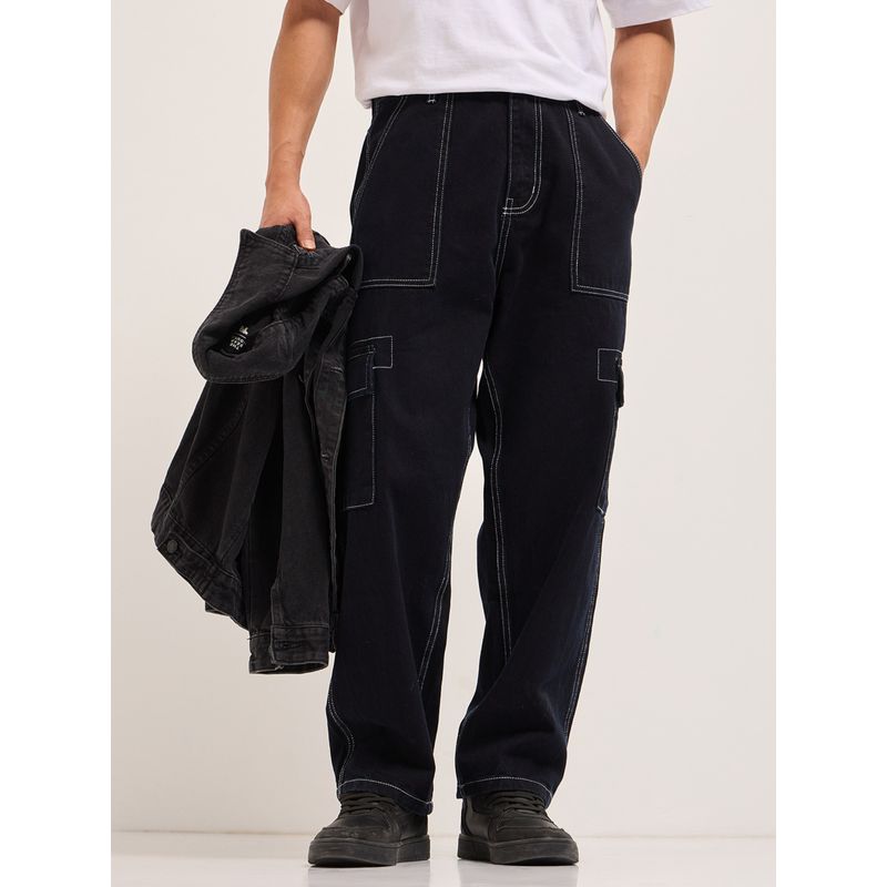 THE BEAR HOUSE Men Baggy Fit Black Cotton Jeans (34)