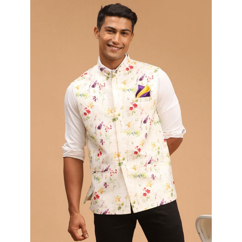 Vastramay Mens Cream Floral Nehru Jacket (L)